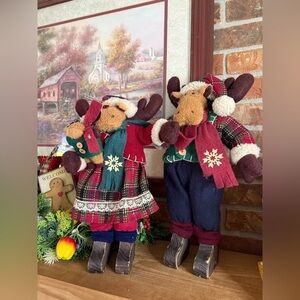 Vintage 1982 Festive Moose Couple Solid Wood Holiday Rustic Decor